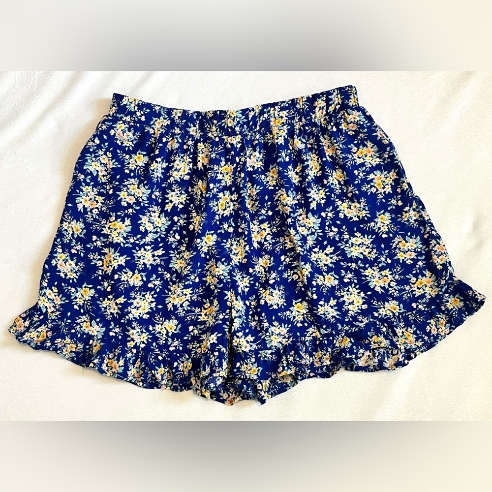 American Eagle Outfitters Blue Floral Elastic Waist Ruffle Shorts Size Small - Picture 1 of 16